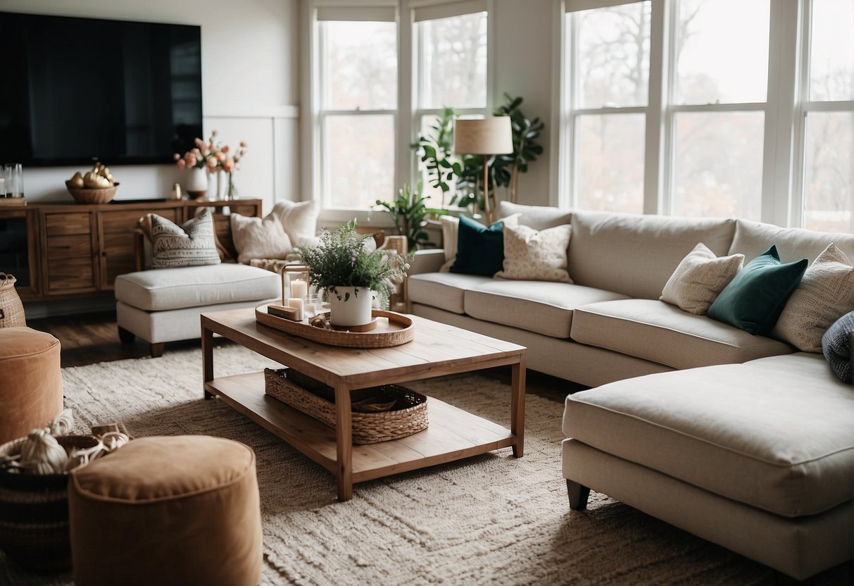 A cozy living room with a mix of modern and traditional decor. A neutral color palette with pops of vibrant accents. Comfortable seating, textured rugs, and stylish lighting create a welcoming atmosphere