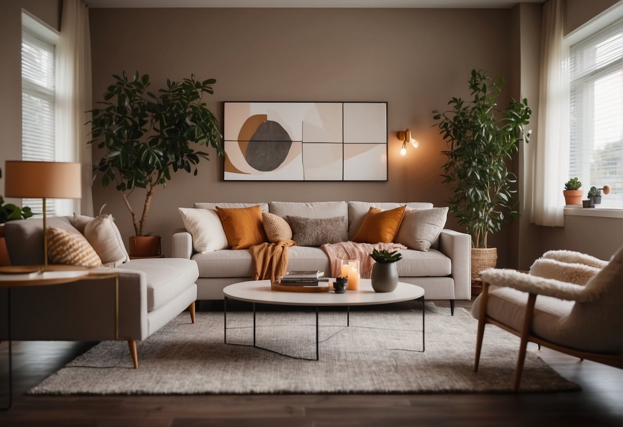 A cozy living room with modern furniture, warm color palette, and soft lighting. A large, comfortable sofa sits in the center, surrounded by stylish decor and a plush rug