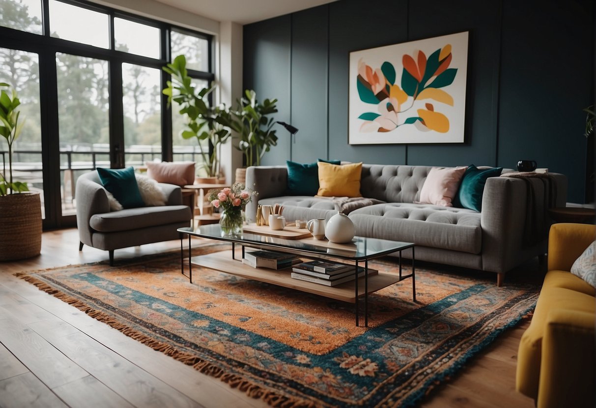 A cozy living room with a mix of modern and traditional decor. A plush sofa, a sleek coffee table, and a colorful rug tie the room together