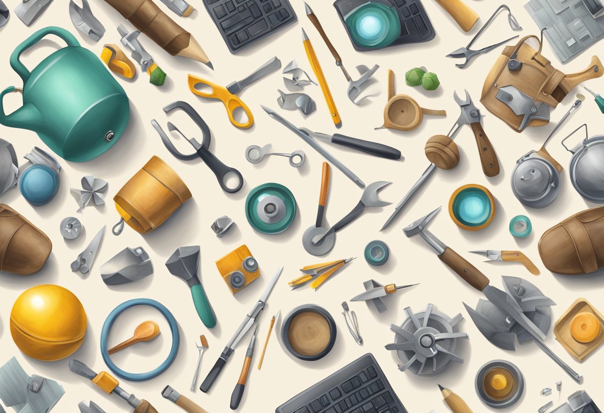 A group of diverse objects and tools scattered around a tranquil natural setting, with a serene atmosphere and hints of collaboration and brainstorming