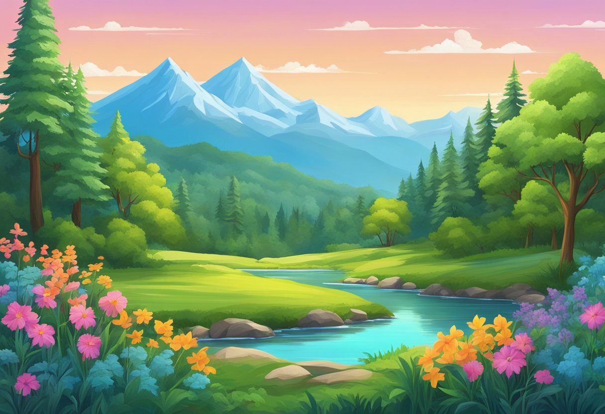 A serene forest clearing with vibrant colors and diverse flora, surrounded by mountains and a clear blue sky. A peaceful, inspiring atmosphere for creative thinking and problem-solving