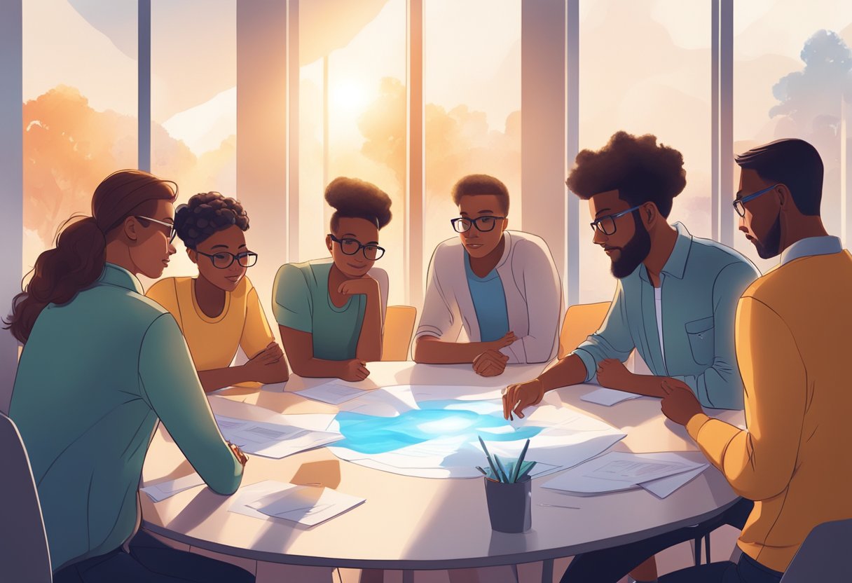 A group of people gather around a table, brainstorming and collaborating on creative solutions. Bright light floods in through large windows, creating an atmosphere of inspiration and innovation