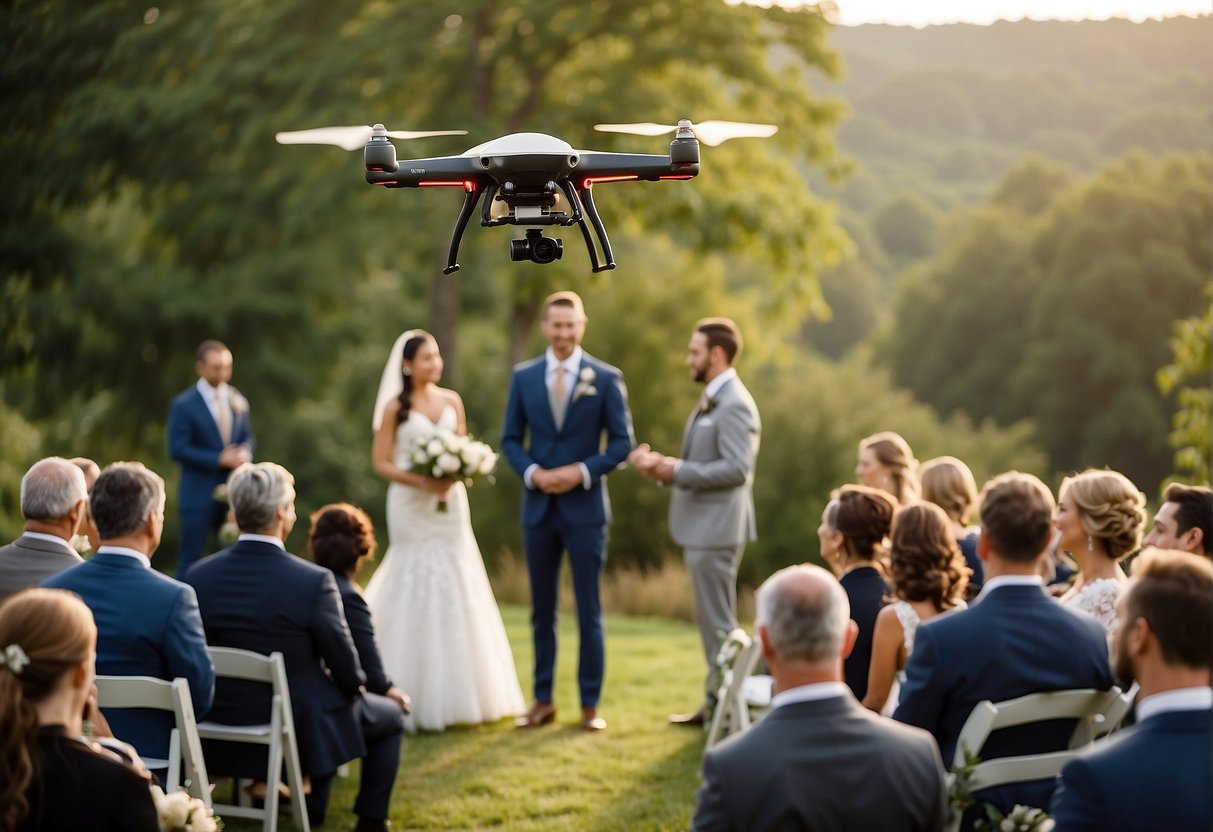 A drone hovers above a picturesque outdoor wedding ceremony, capturing the bride and groom exchanging vows in a stunning natural setting