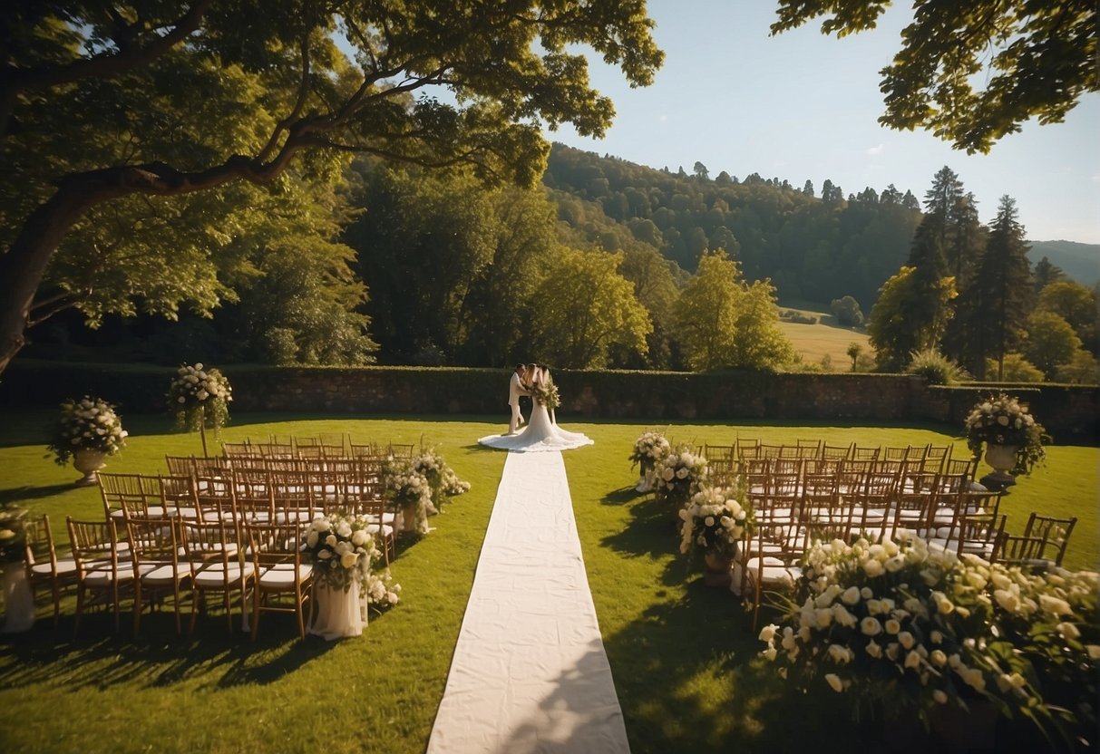A drone hovers over a scenic wedding venue, capturing the ceremony from above. The lush greenery and elegant decor create a picturesque backdrop for the aerial photography