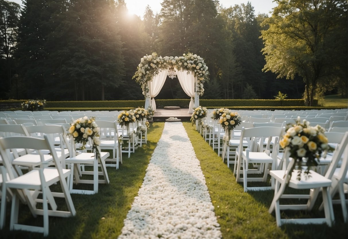 A drone hovers near a picturesque outdoor wedding venue, capturing the setup of chairs, flowers, and decorations for the big day