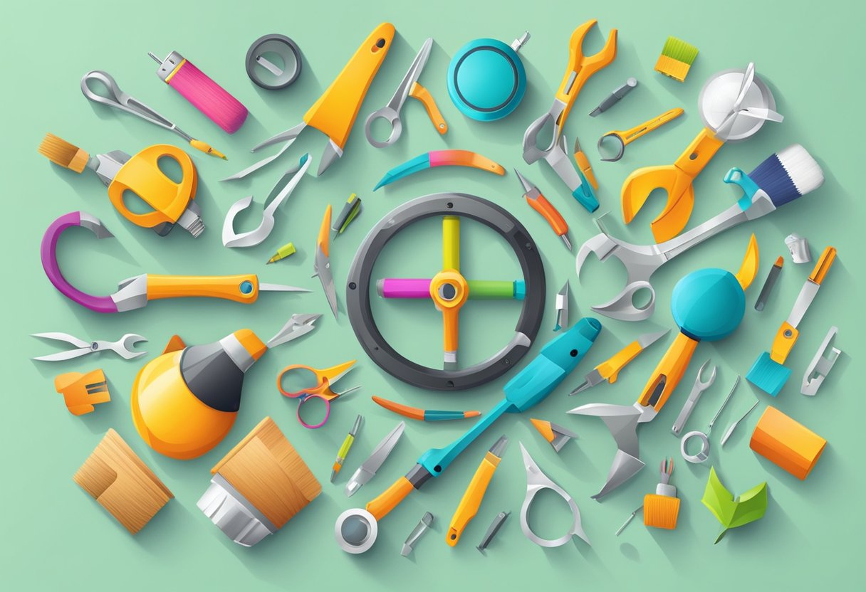 A group of diverse objects and tools arranged in a circle, surrounded by vibrant colors and natural elements, symbolizing creativity and innovation