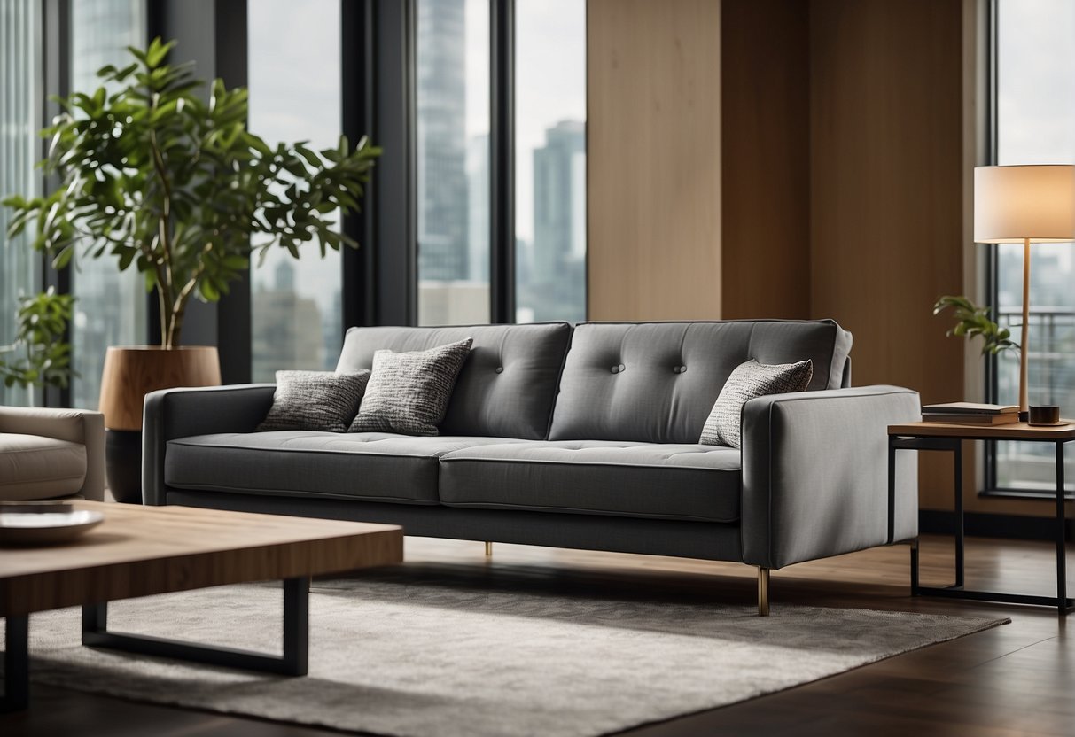 A modern sofa bed in a stylish living room, with sleek design and multifunctional features