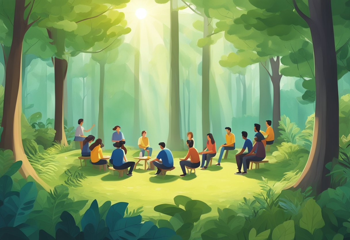 A serene forest clearing with a circle of participants engaged in collaborative problem-solving activities, surrounded by lush greenery and dappled sunlight