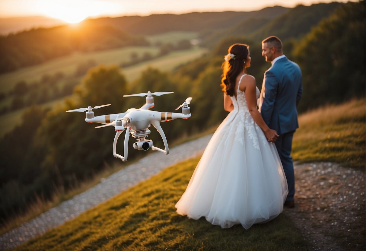 A drone hovers above a picturesque wedding venue, capturing the couple's special moments from a bird's-eye view. The sun sets in the background, casting a warm glow over the scene