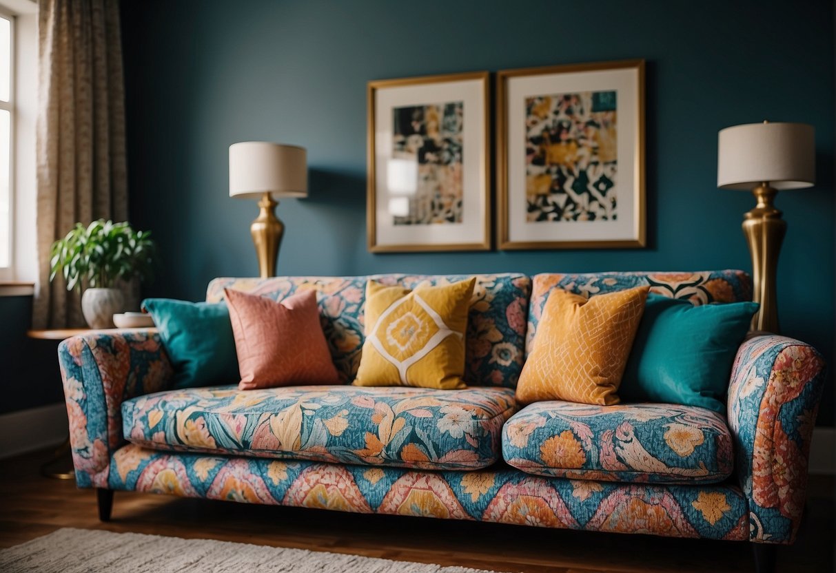 A colorful sofa with patterned cushions, creating a vibrant and inviting living room setting