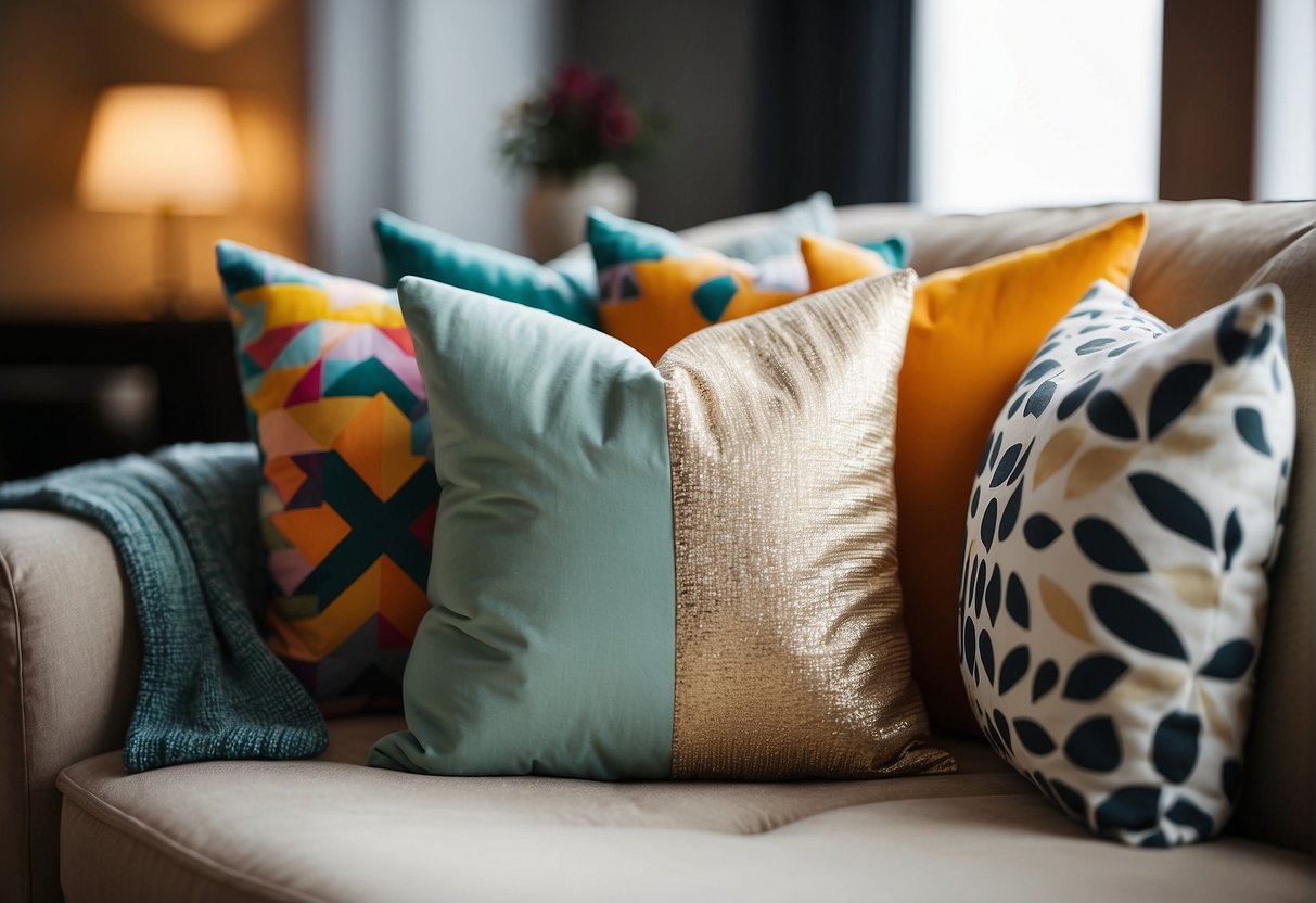 Colorful pillows arranged on a neutral sofa, with coordinating throws and decorative accents