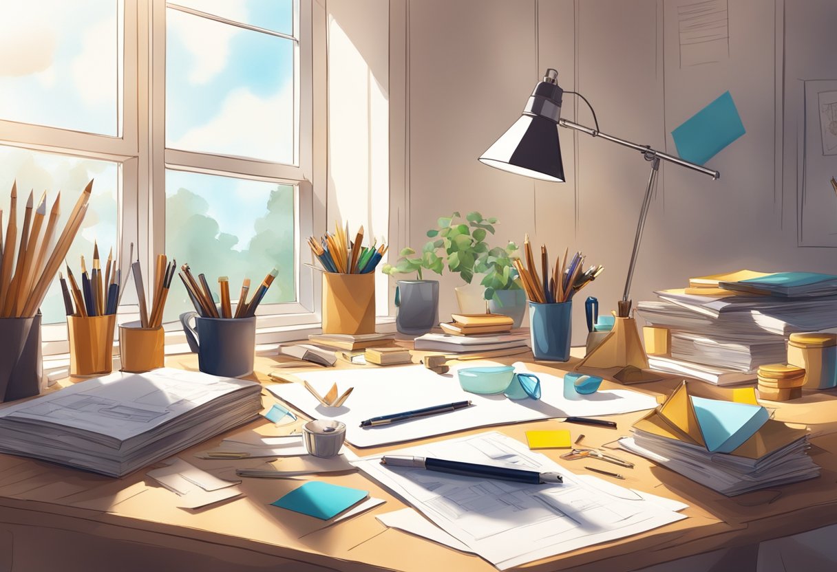 A group of diverse objects and tools are arranged on a table, surrounded by scattered notes and sketches. Light filters through the window, casting soft shadows on the scene