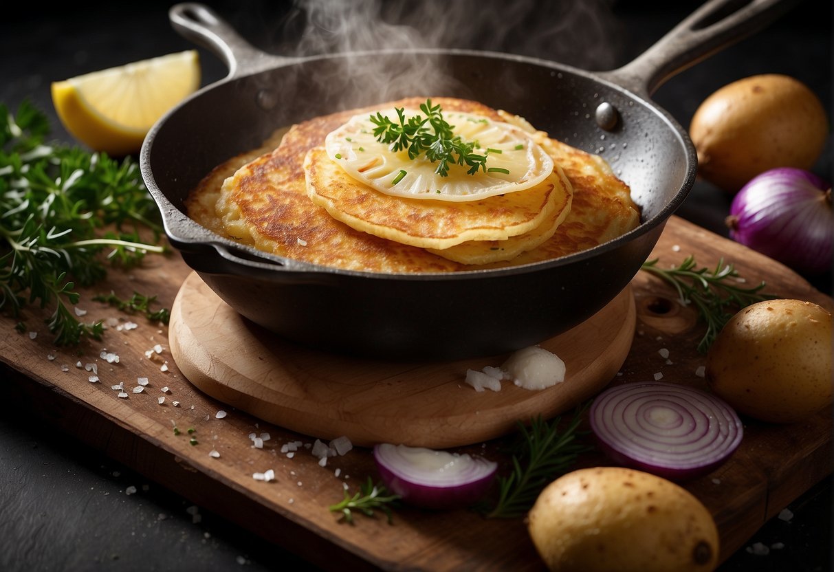 A skillet sizzles with golden potato pancakes, steam rising, surrounded by ingredients like shredded potatoes, onions, and a sprinkle of salt