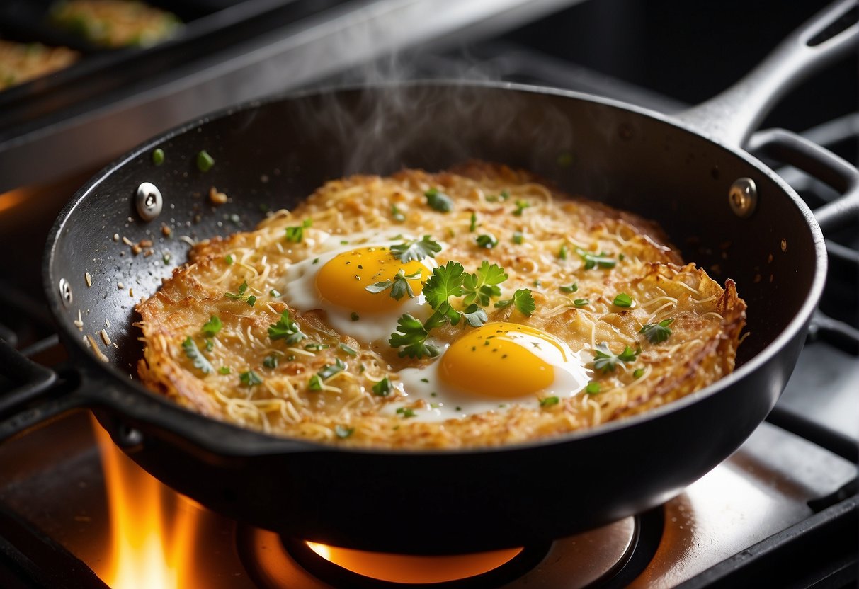 Potato pancake ingredients being mixed in a bowl, then poured onto a sizzling hot skillet, flipping once golden brown