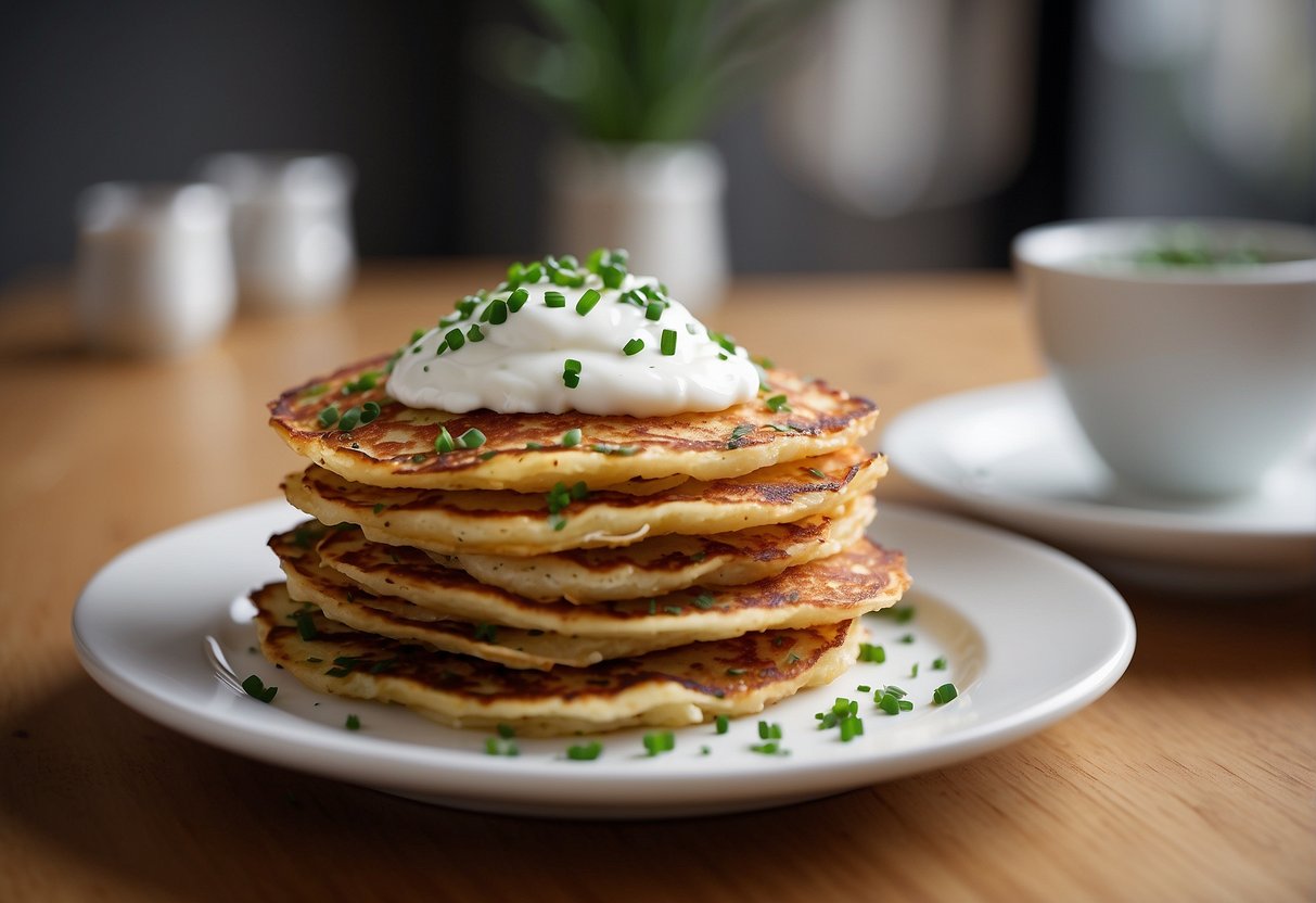 A stack of golden-brown potato pancakes with a dollop of sour cream and a sprinkle of chives on a white plate