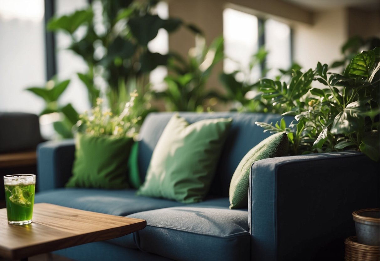 A sofa covered with a protective fabric, surrounded by plants and with a coaster for drinks, to maintain its new appearance