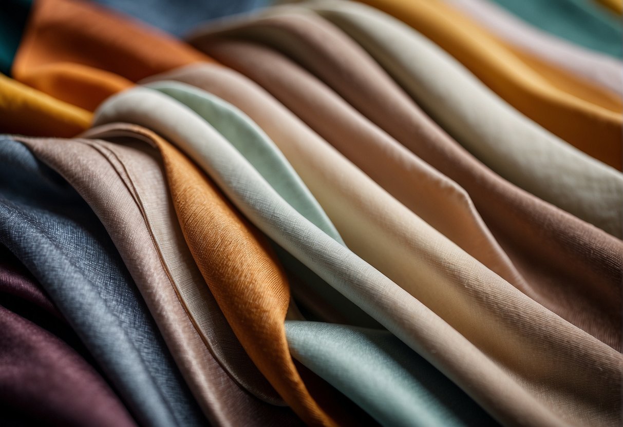 A variety of fabric swatches are laid out on a table, showcasing different options for sofa upholstery. The textures and colors range from soft velvets to durable linens, providing a range of choices for designers to consider