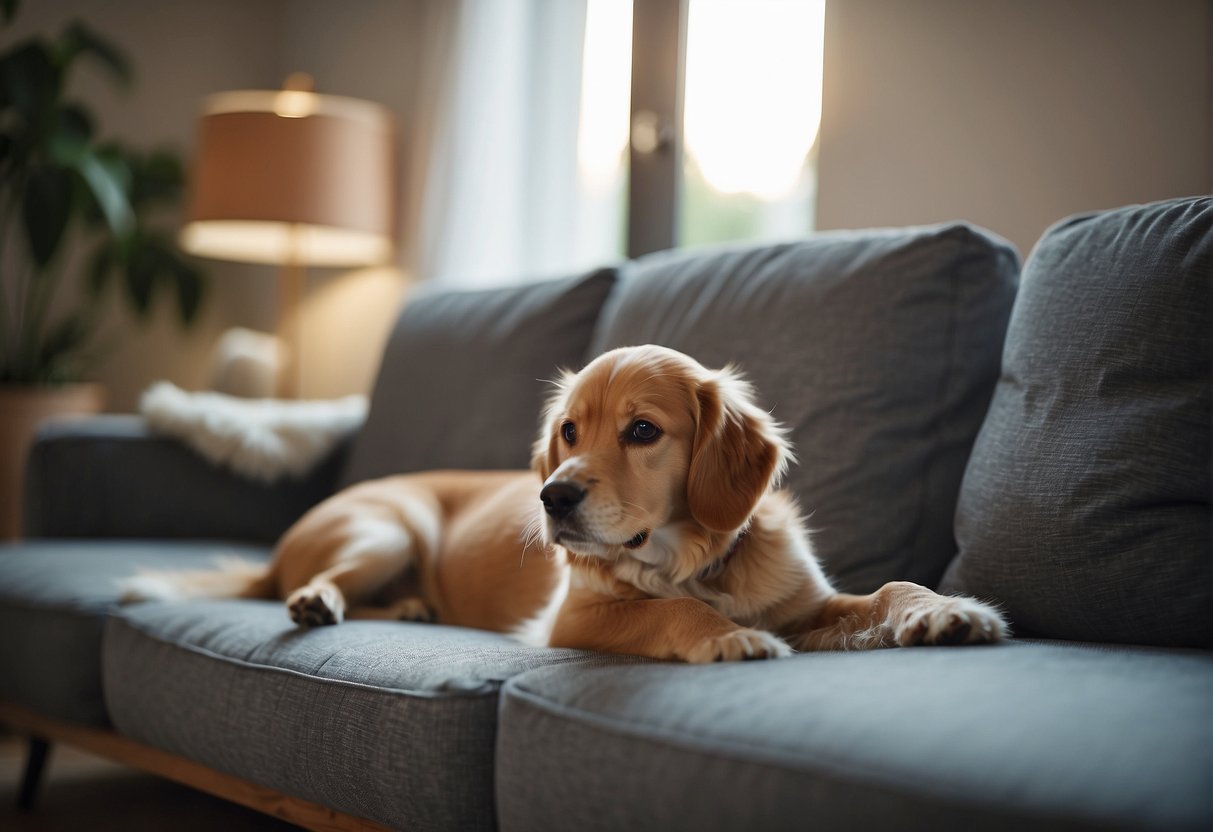A cozy living room with a comfortable sofa made of durable, pet-friendly fabric. A playful dog and a happy child are snuggled up on the couch together