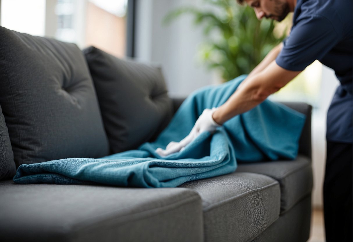A fabric sofa being carefully cleaned and maintained by a person with various fabric options displayed nearby