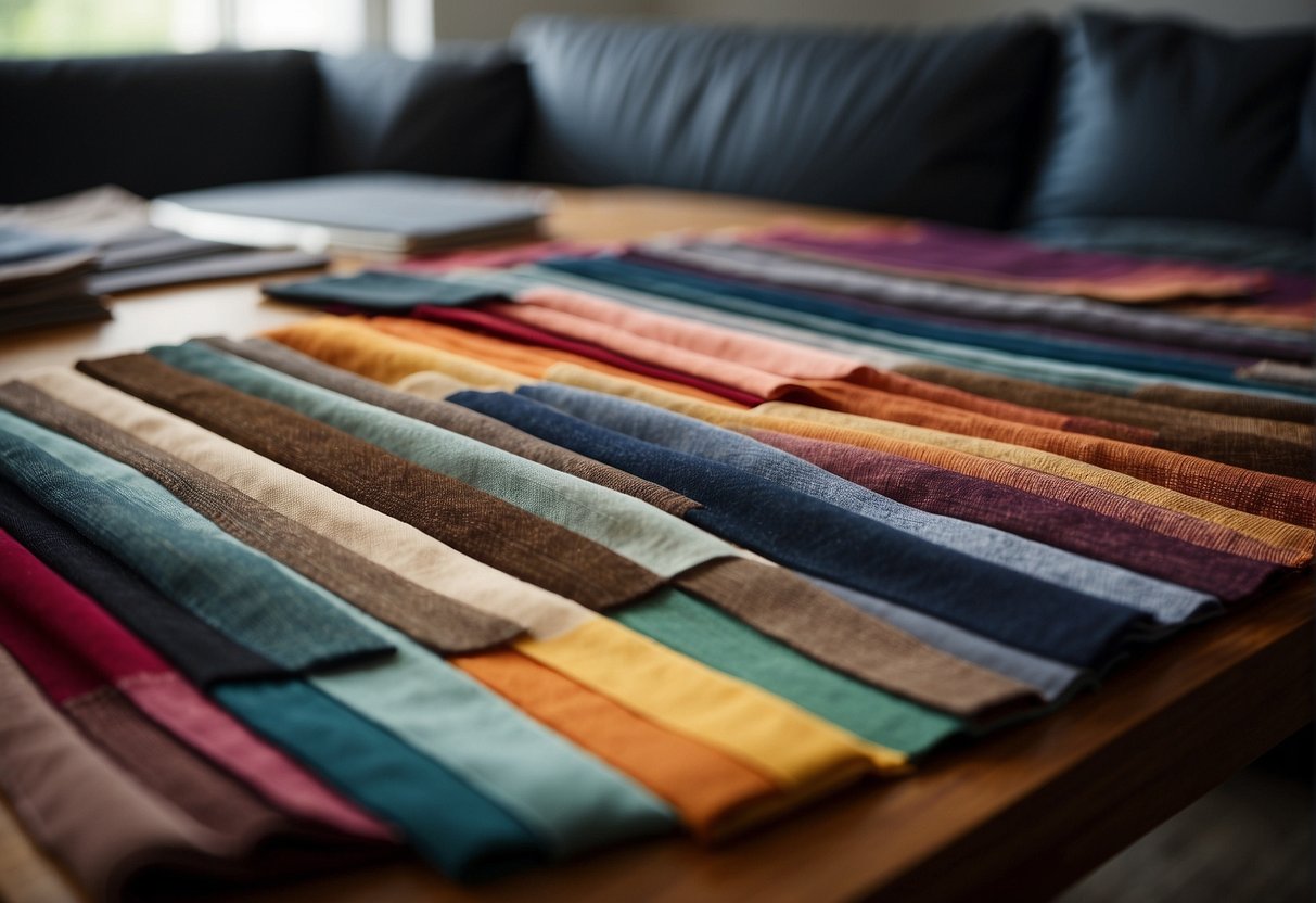 A variety of fabric swatches laid out on a table, with a sofa in the background. A person carefully comparing and considering different fabric options for the sofa