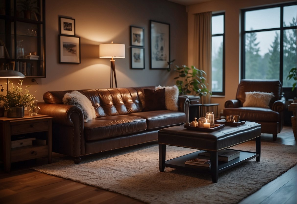 A cozy living room with a leather sofa as the focal point, surrounded by warm lighting and stylish decor