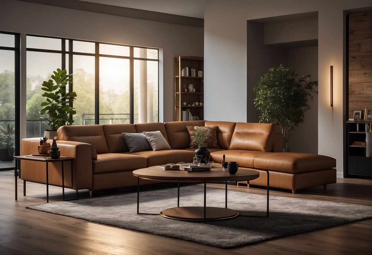 A modern living room with a sleek leather sofa as the focal point, surrounded by minimalist decor and warm lighting