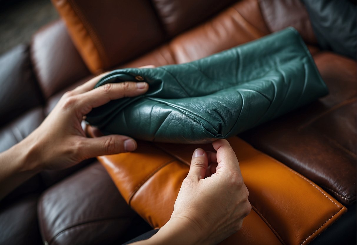 A person choosing between different types of leather for a sofa, comparing textures and colors