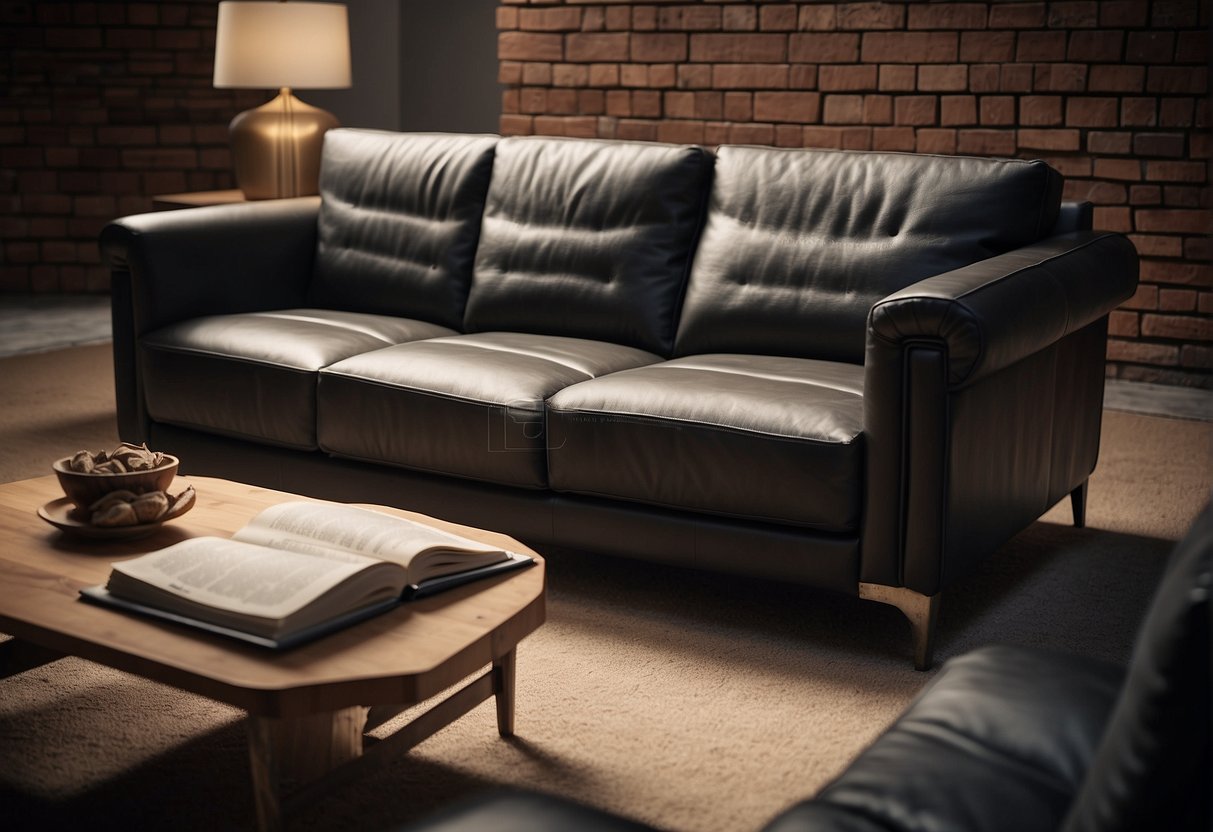 A leather sofa surrounded by text listing its disadvantages and final considerations