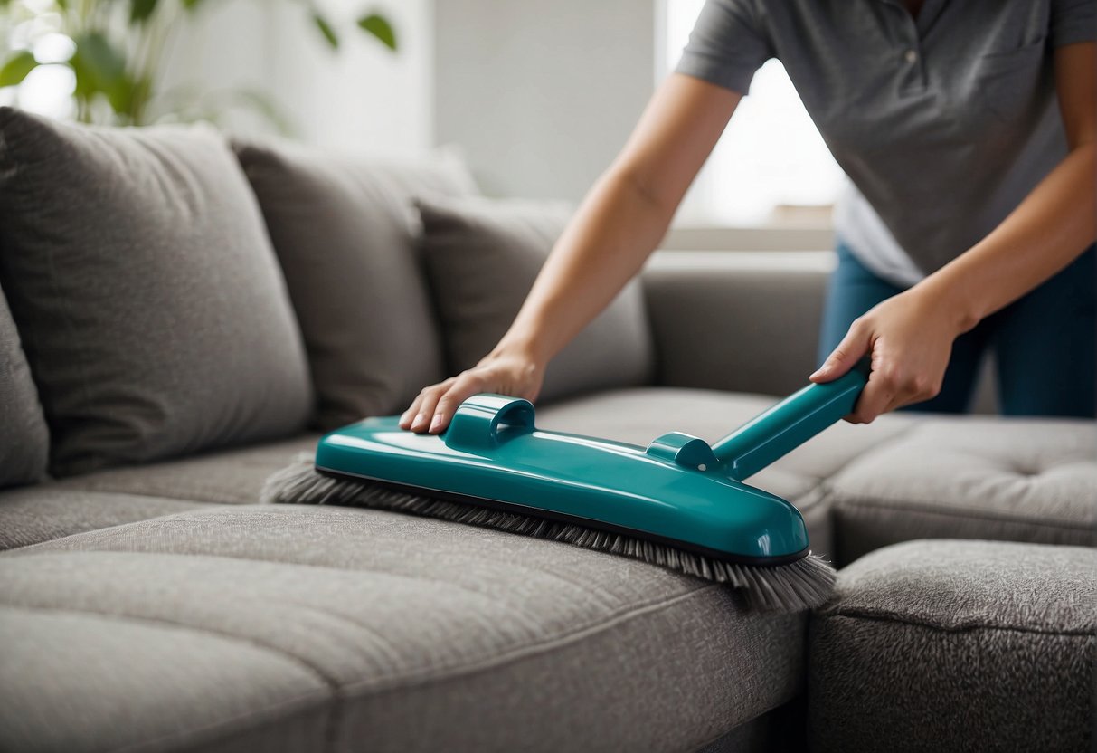 A person gently vacuuming a fabric sofa with a soft brush, using a fabric cleaner to spot treat any stains, and fluffing the cushions to maintain their shape