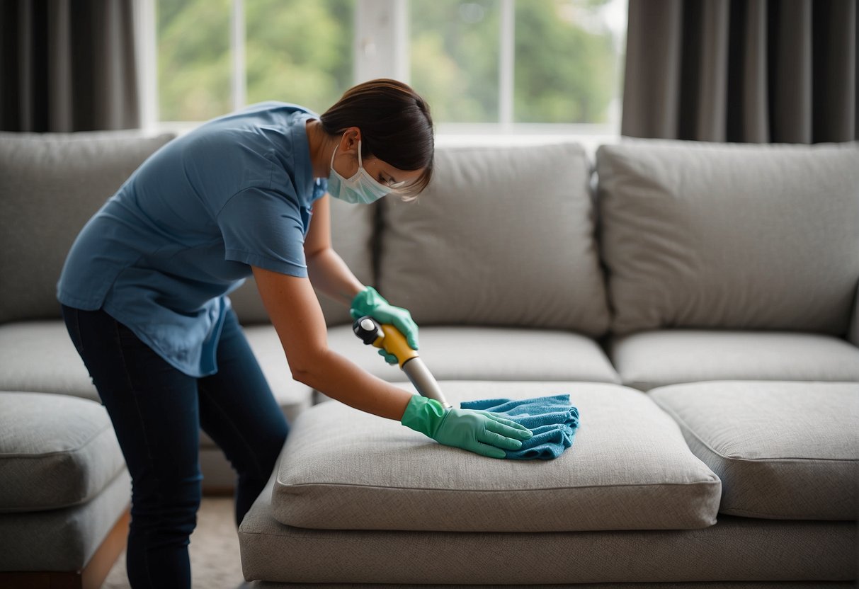 A person carefully cleans and maintains a fabric sofa, using gentle and essential care techniques