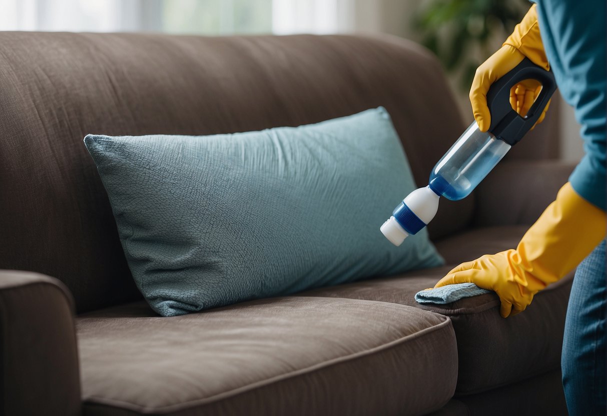 A fabric sofa being gently vacuumed and brushed to remove dust and debris, with a bottle of fabric cleaner and a soft cloth nearby