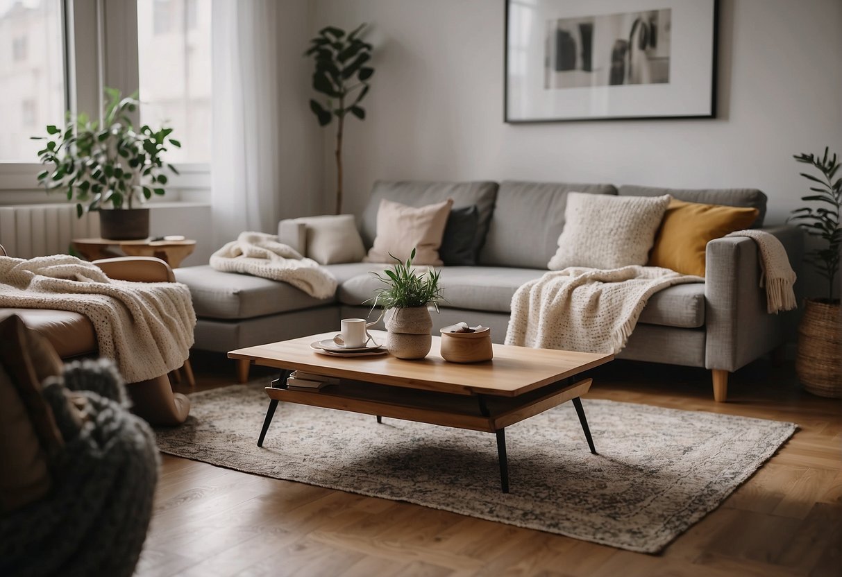 A cozy living room with a small sofa, a coffee table, and a rug in a compact space