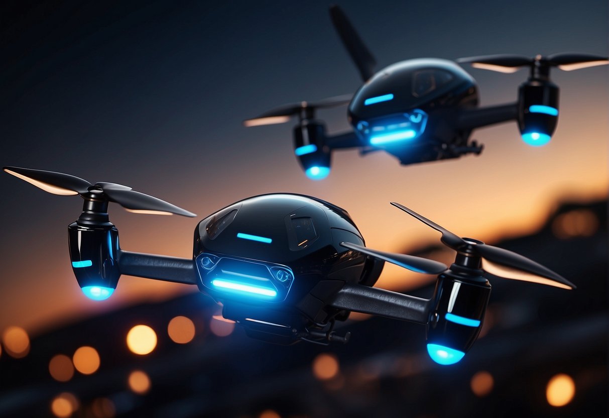 Several Exo drones hover in formation, emitting a soft blue glow. The sleek and futuristic design gives off a sense of advanced technology
