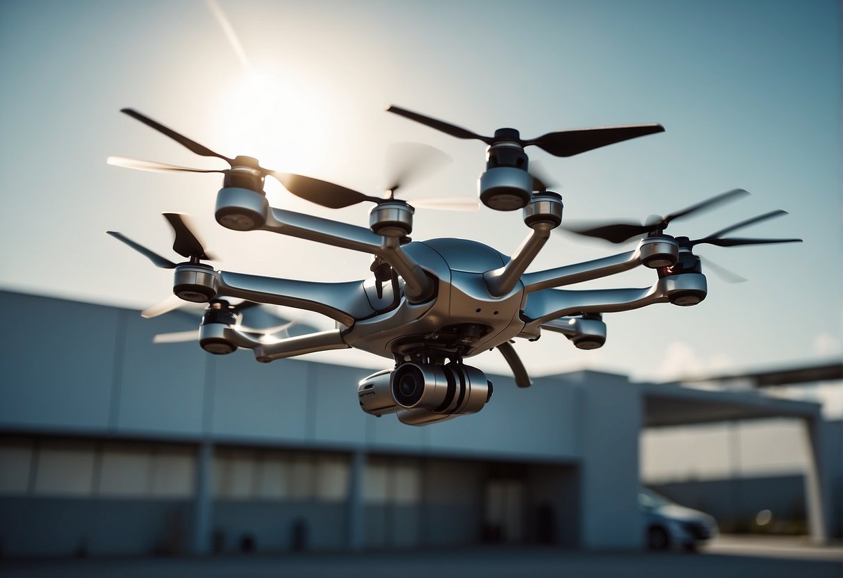 A group of sleek, futuristic drones hover in formation above a high-tech testing facility, their metallic exteriors gleaming in the sunlight