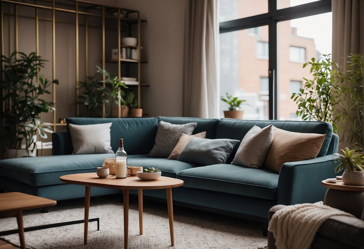 A small living room with a perfectly sized sofa, surrounded by compact, stylish furniture and decor. A cozy, yet functional space for relaxing and entertaining