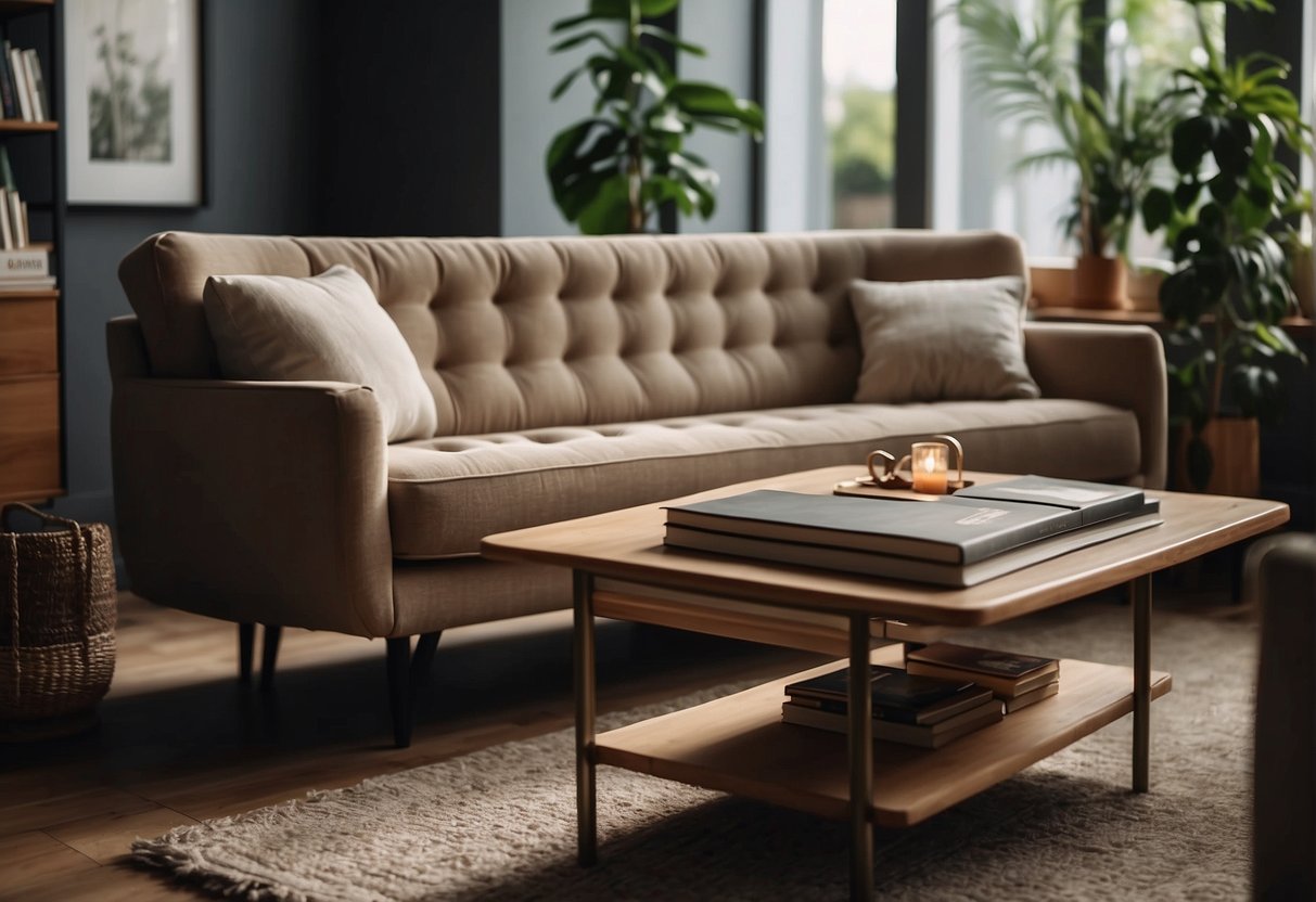 A cozy, functional sofa in a small space with a guidebook titled "Choosing the Perfect Sofa for Small Spaces" on a nearby table