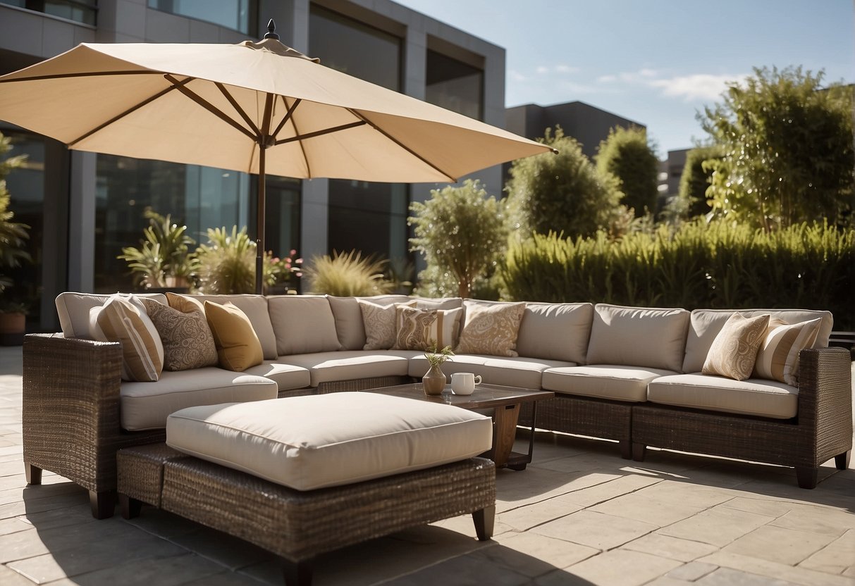 A sunny outdoor space with a variety of stylish and weather-resistant sofas arranged in a comfortable and inviting layout