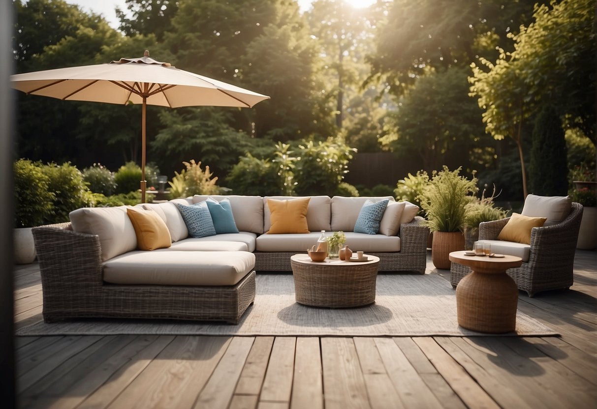 A sunny outdoor space with comfortable, weather-resistant sofas arranged for relaxation and socializing