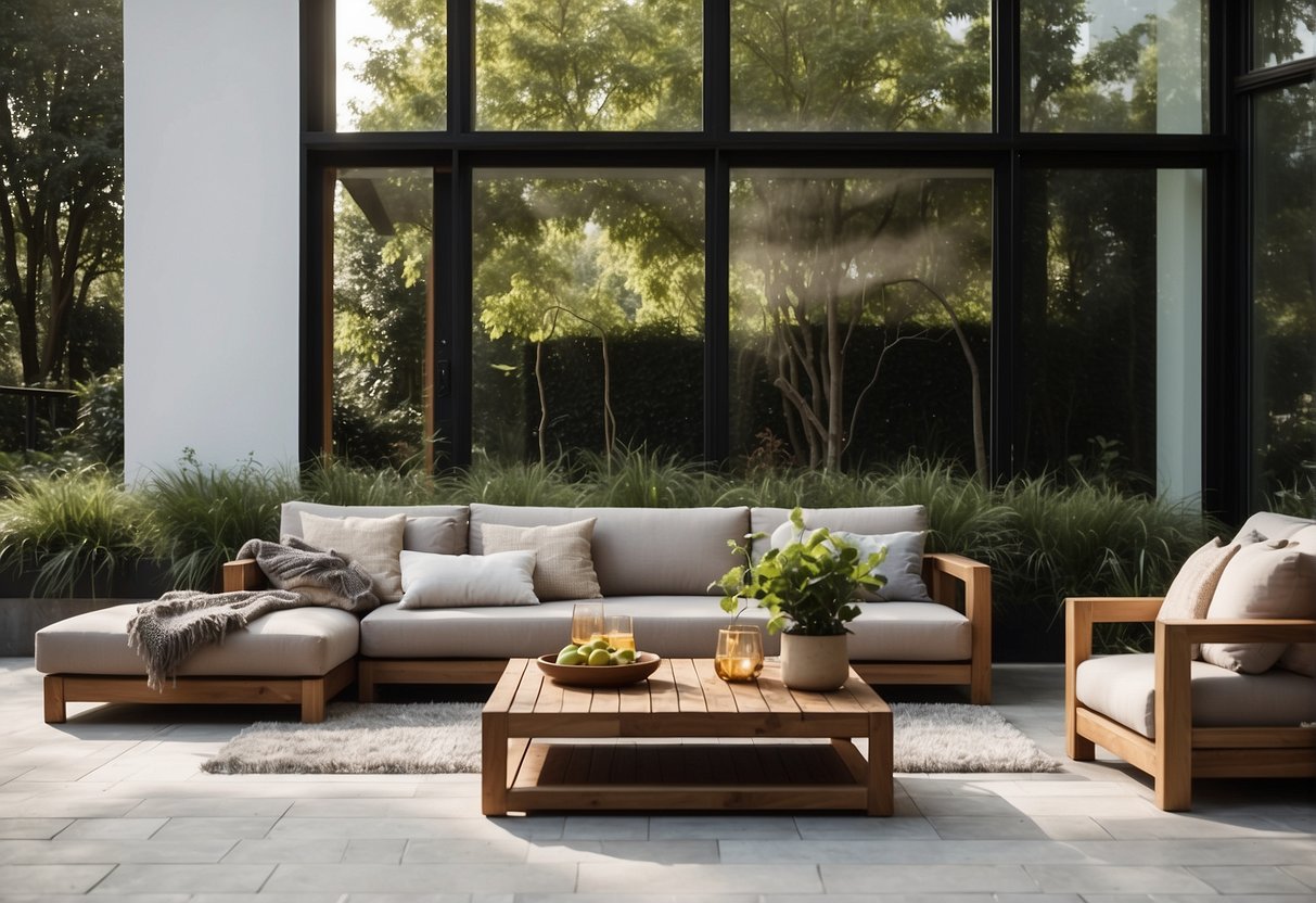 A modern outdoor setting with stylish and comfortable sofas, surrounded by greenery and natural light