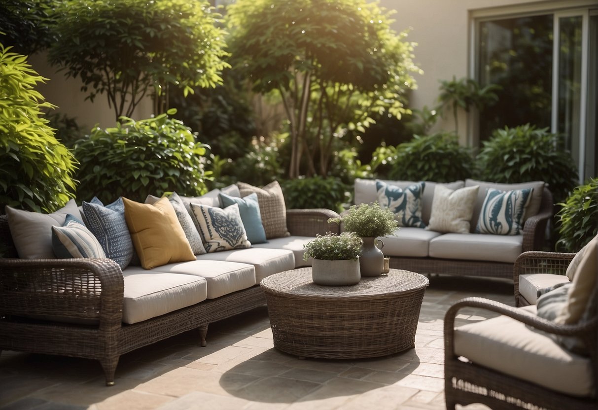 A patio with a variety of outdoor sofas arranged in a stylish and inviting manner, surrounded by lush greenery and complemented by decorative elements