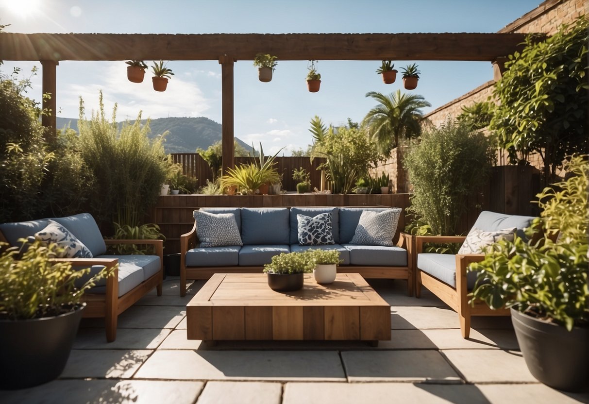 A patio with a variety of outdoor sofas, surrounded by potted plants and with a backdrop of a sunny sky