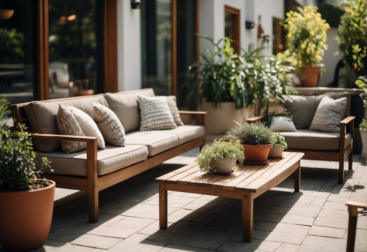 A sunny outdoor patio with a variety of stylish and comfortable sofas, surrounded by greenery and potted plants