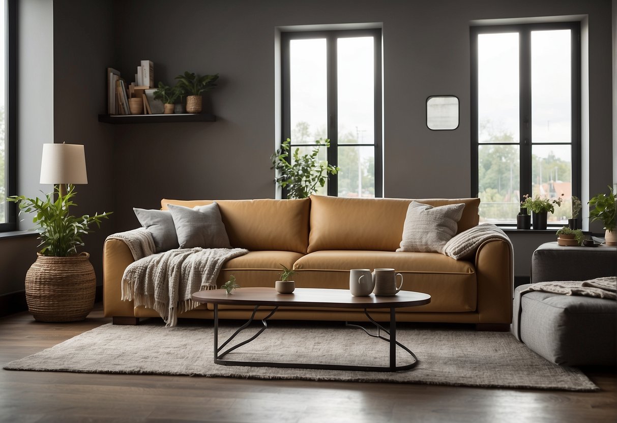 A living room with a retractable sofa, showing its versatility and comfort. The sofa is extended, with a cozy blanket and pillows