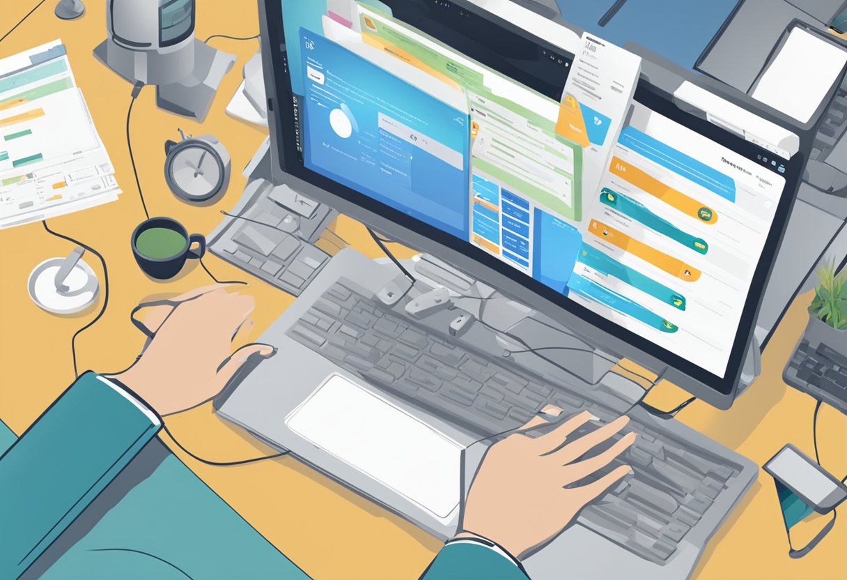 A computer screen displaying the Outlook interface with multiple email messages open, each with a variety of attachments. The cursor is clicking on a "Select All" option to manage the attachments