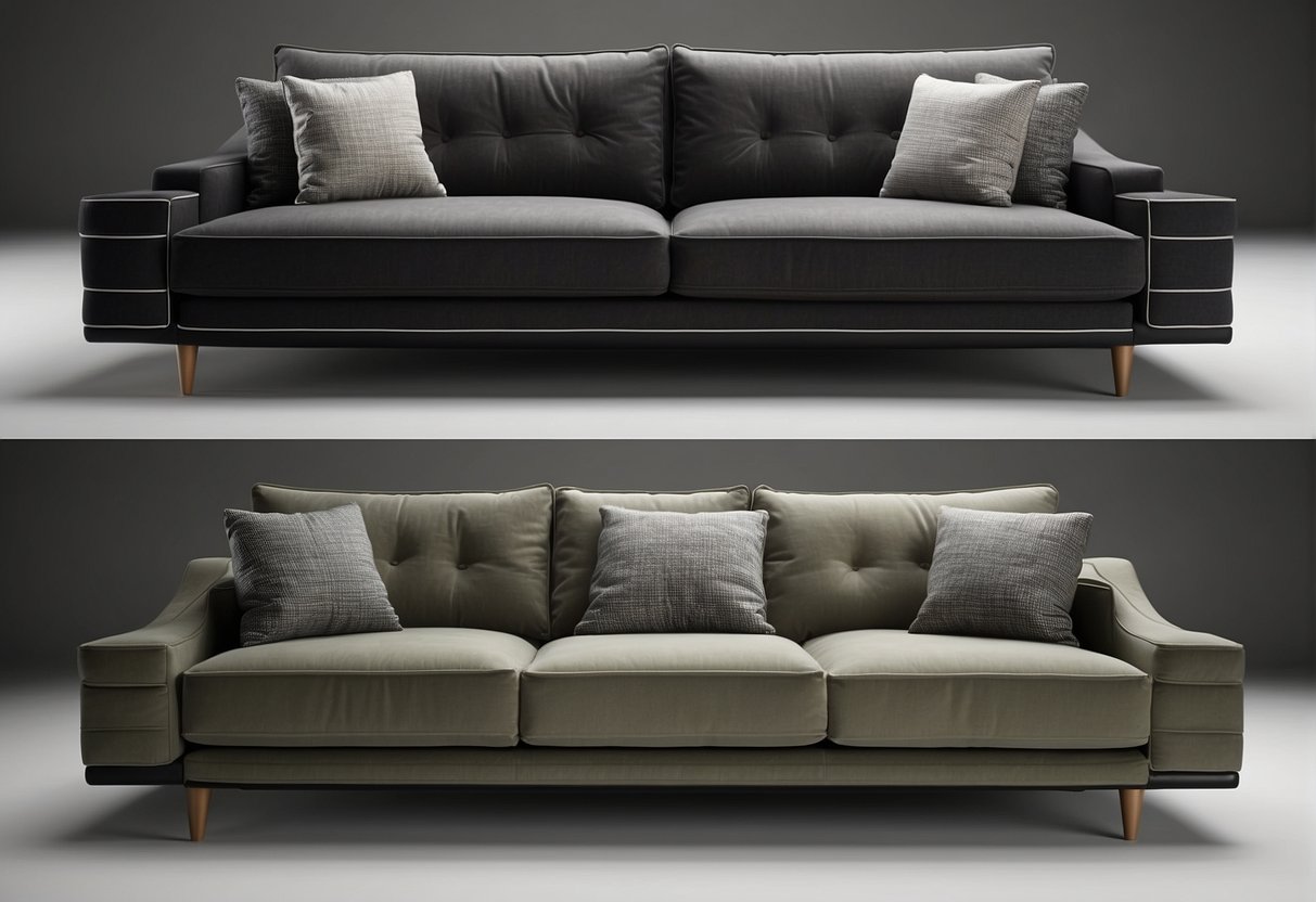A two-seater and three-seater sofa side by side, with measurements and features highlighted
