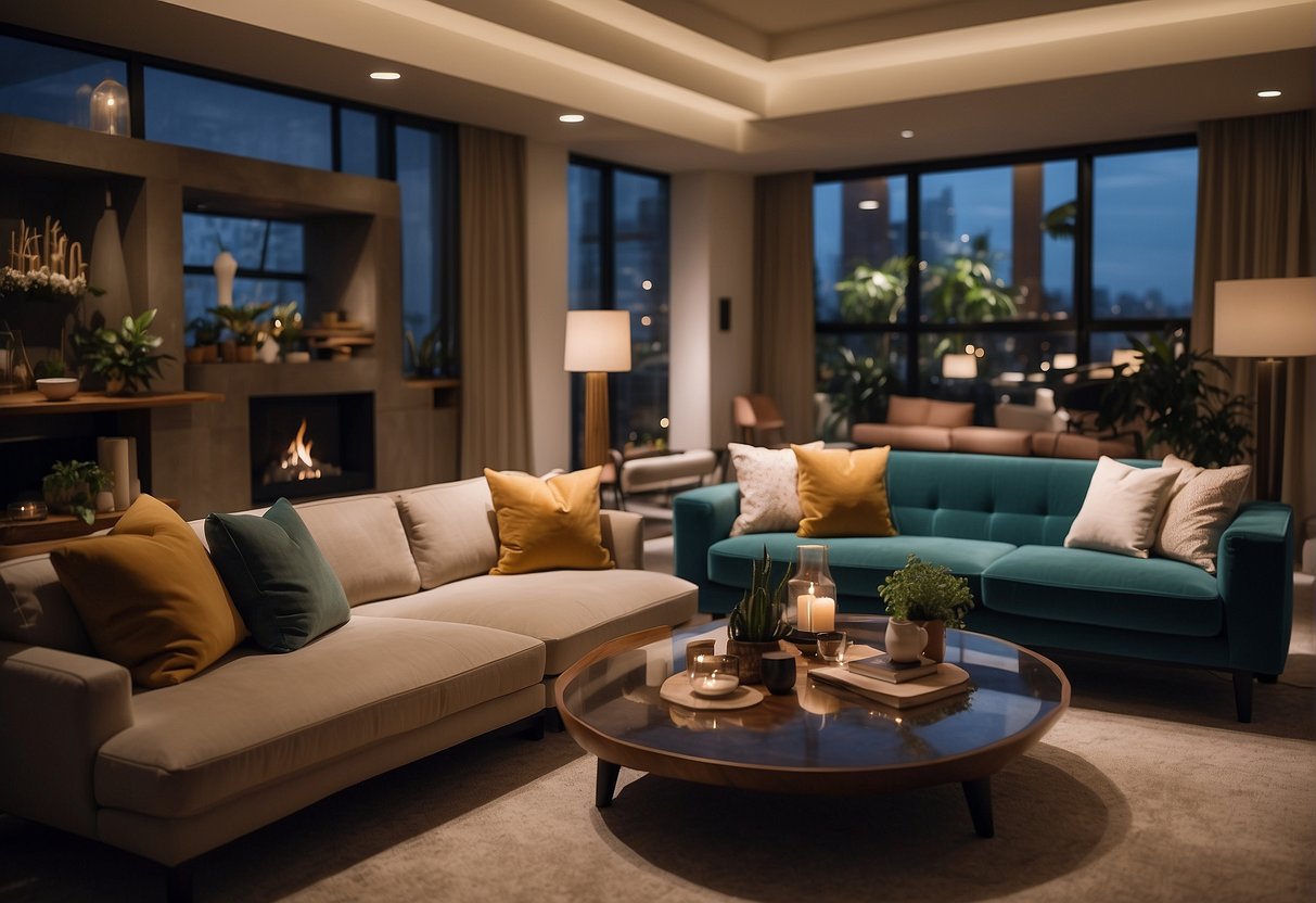 A cozy living room with various sofa beds in different styles and colors, surrounded by home decor and soft lighting