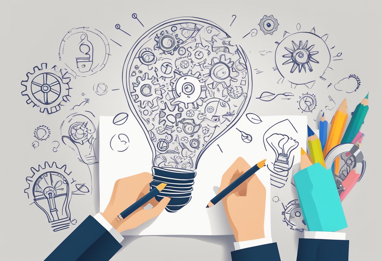 A hand holding a pencil sketching on a blank paper, surrounded by lightbulb and gear icons representing ideas and innovation