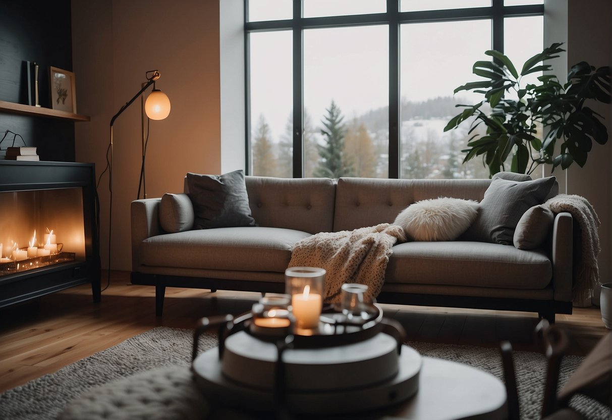 A cozy living room with a stylish sofa bed, surrounded by tasteful decor and soft lighting