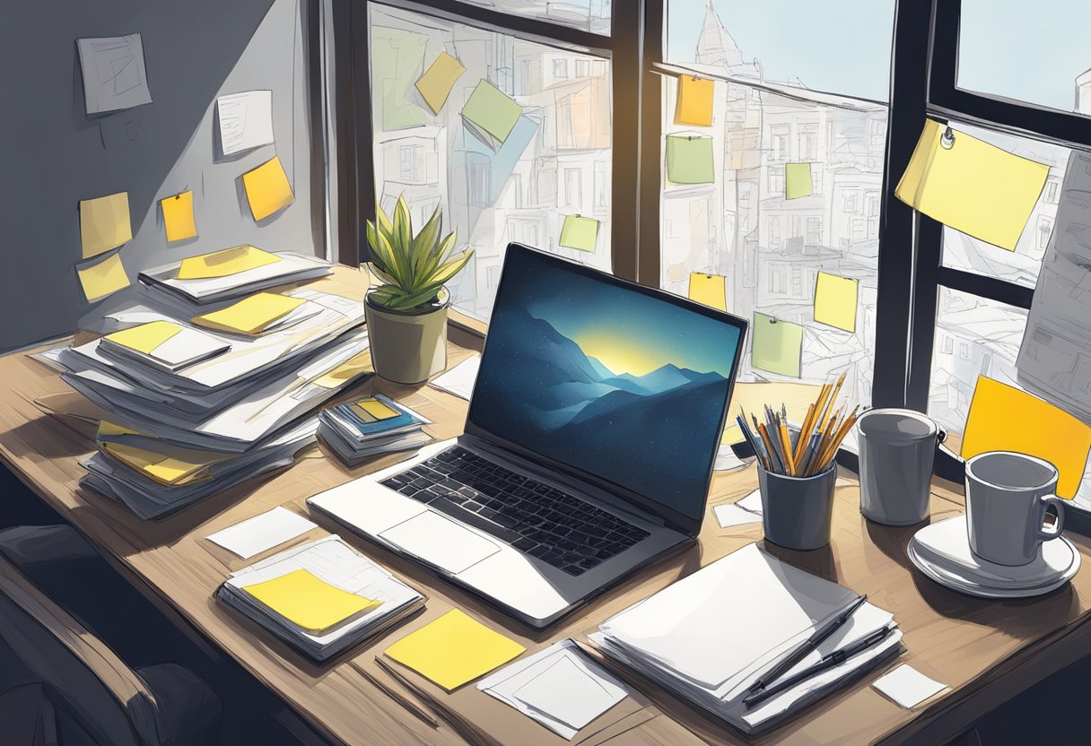 A table with various sketching materials, papers, and a laptop. Light from a window illuminates the workspace. Post-it notes with different ideas are scattered around