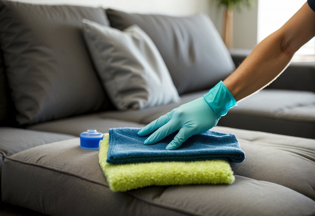 A sofa bed being cleaned and maintained with various cleaning products and tools, while a person selects the best one for their home